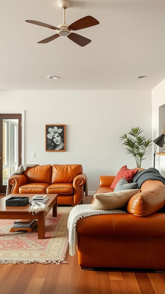 Cozy ranch-style living room with leather sofas, wooden coffee table, and decorative cushions.