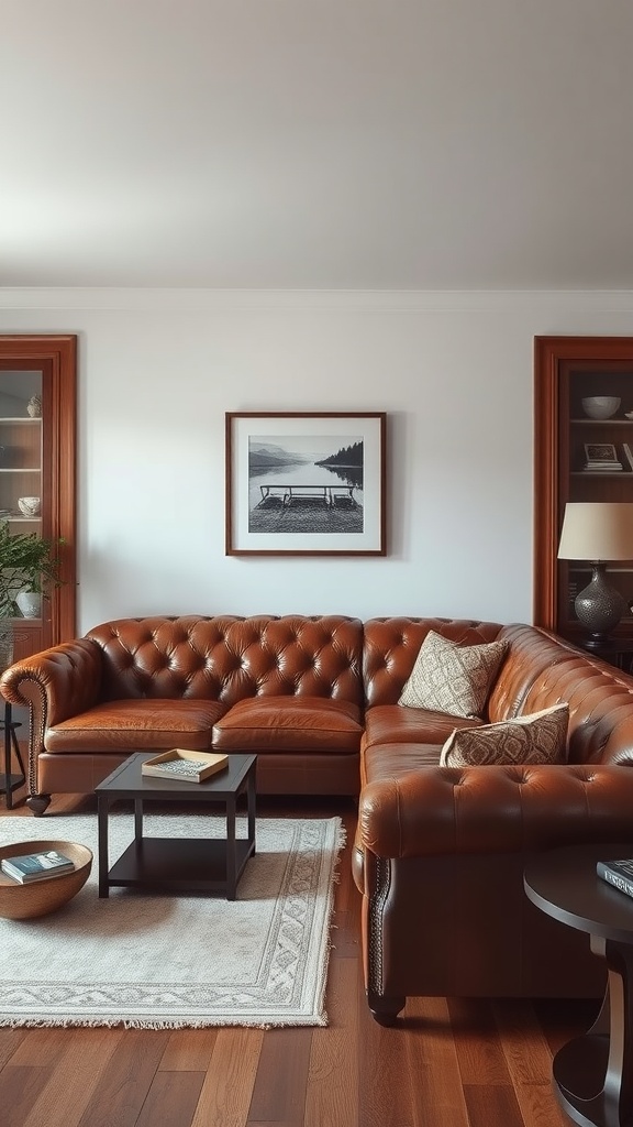 A cozy living room featuring a brown leather sectional, a coffee table, and a decorative area rug.