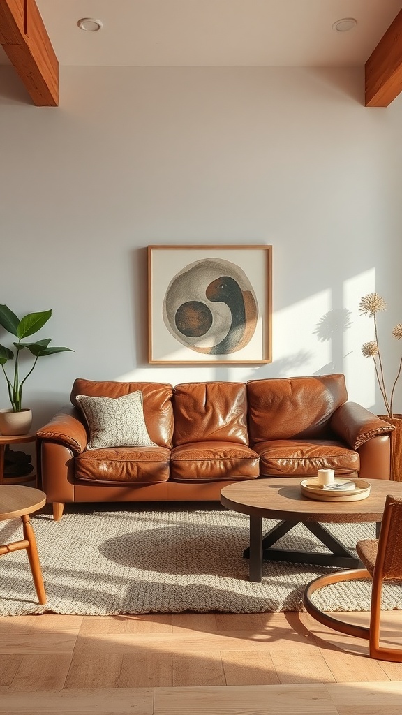 A cozy living room with a brown leather sofa, wooden furniture, and natural textures.