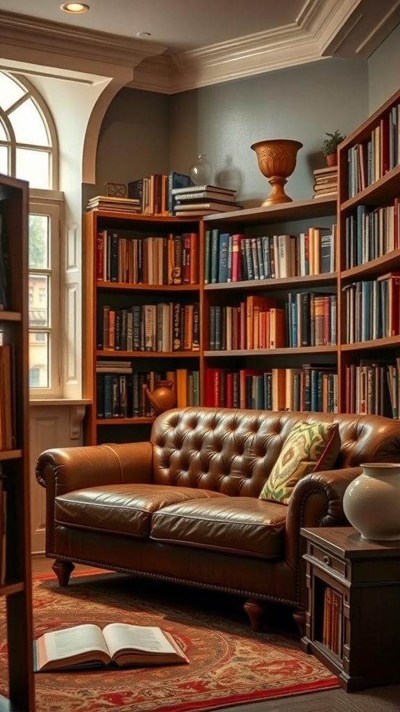 Cozy reading nook featuring a leather sofa, bookshelves filled with books, a warm area rug, and soft lighting.