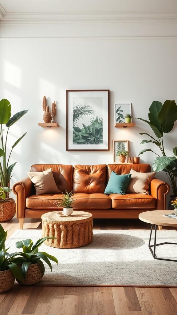 A cozy living room featuring a leather sofa surrounded by plants and nature-inspired decor.