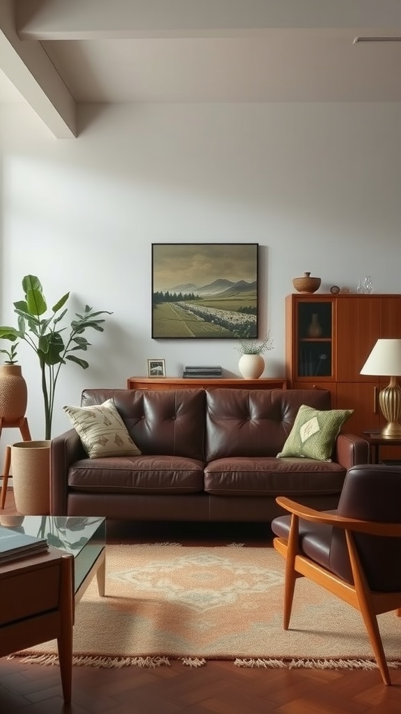 Living room featuring a brown leather sofa paired with mid-century modern furniture, including a wooden armchair, glass coffee table, and a tall plant.