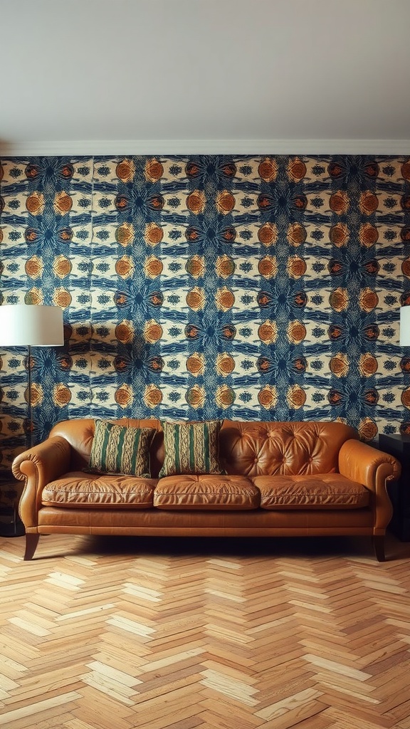 A cozy living room featuring a caramel leather sofa against a vibrant patterned wallpaper, complemented by decorative pillows and a wooden floor.