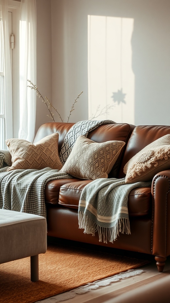 A cozy leather sofa adorned with throws and pillows in a well-lit living room