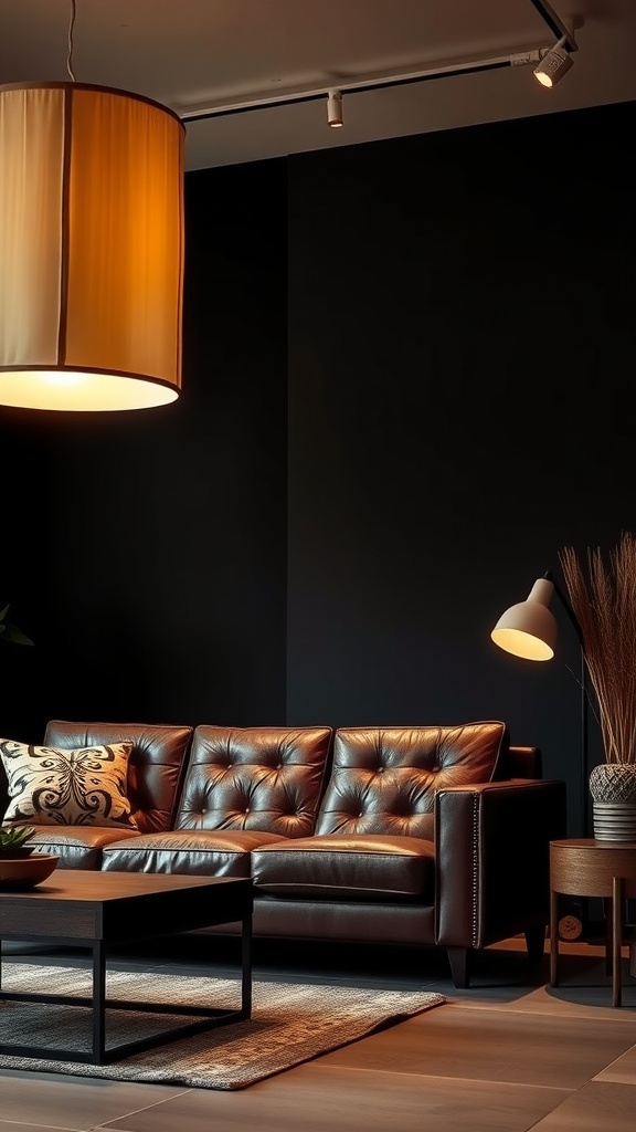 A cozy living room featuring a brown leather sofa, decorative pillow, stylish coffee table, and statement lighting fixtures.