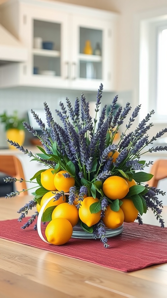 A centerpiece featuring lemons and lavender in a glass vase on a kitchen table