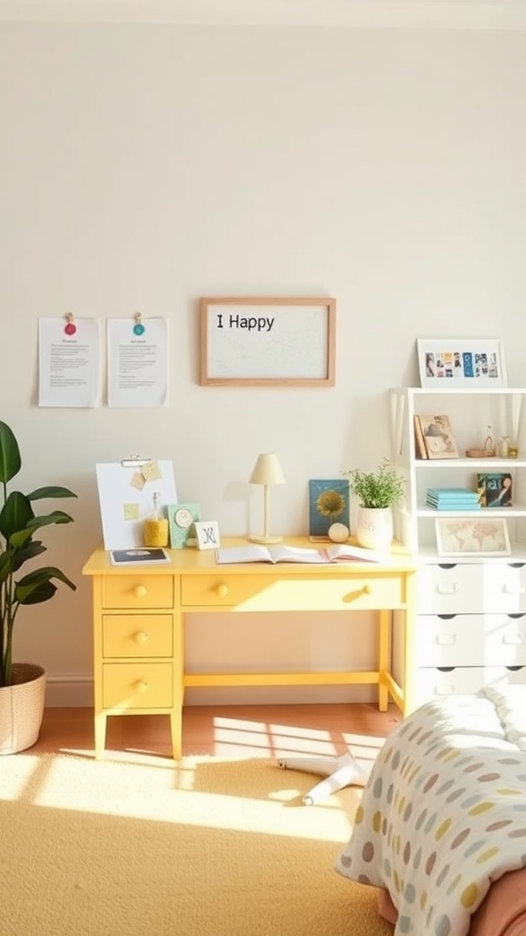 A bright lemon yellow desk area with a lamp, decorative items, and a positive message on the wall.