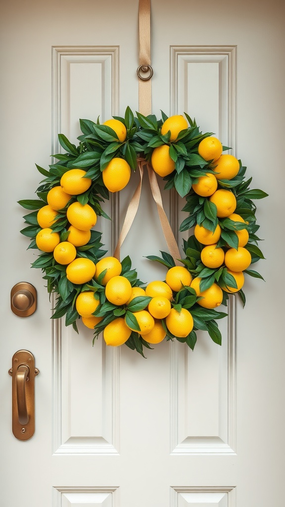 A wreath made of yellow lemons and green leaves hanging on a white door.