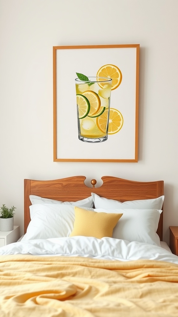 Lemonade-inspired artwork featuring a glass of lemonade with lemon and lime slices on a white wall above a bed with yellow bedding.