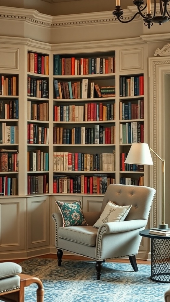 Cozy library nook with built-in shelves filled with books and a comfortable armchair.