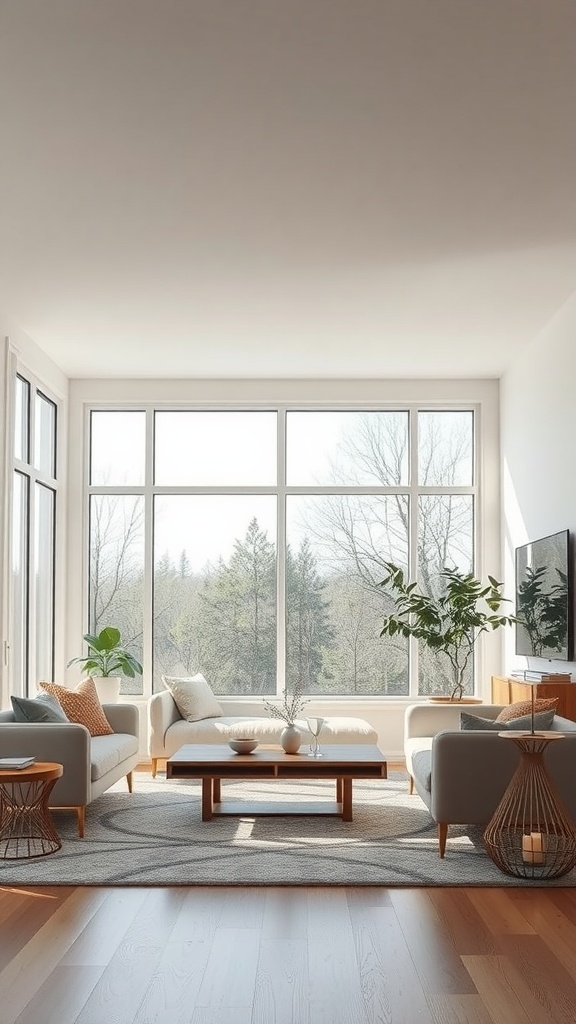 A light-filled minimalist Bohemian living room featuring large windows and natural decor.