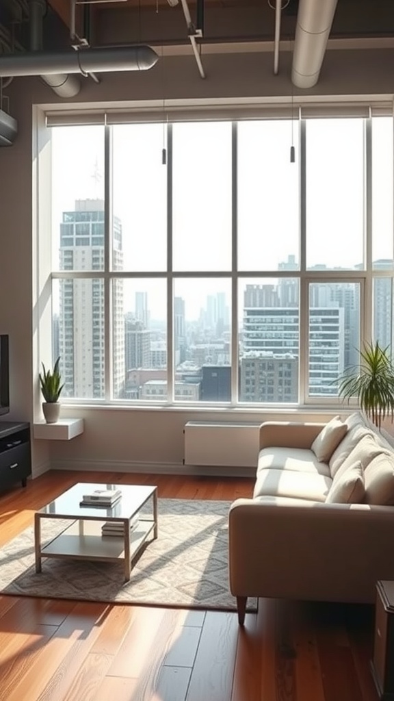 A bright living room featuring a cream couch, large windows with a city view, and a cozy wooden floor.