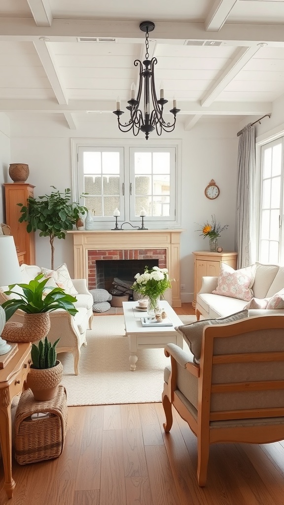 A bright and inviting French country living room featuring light-washed furniture, plants, and warm decor.