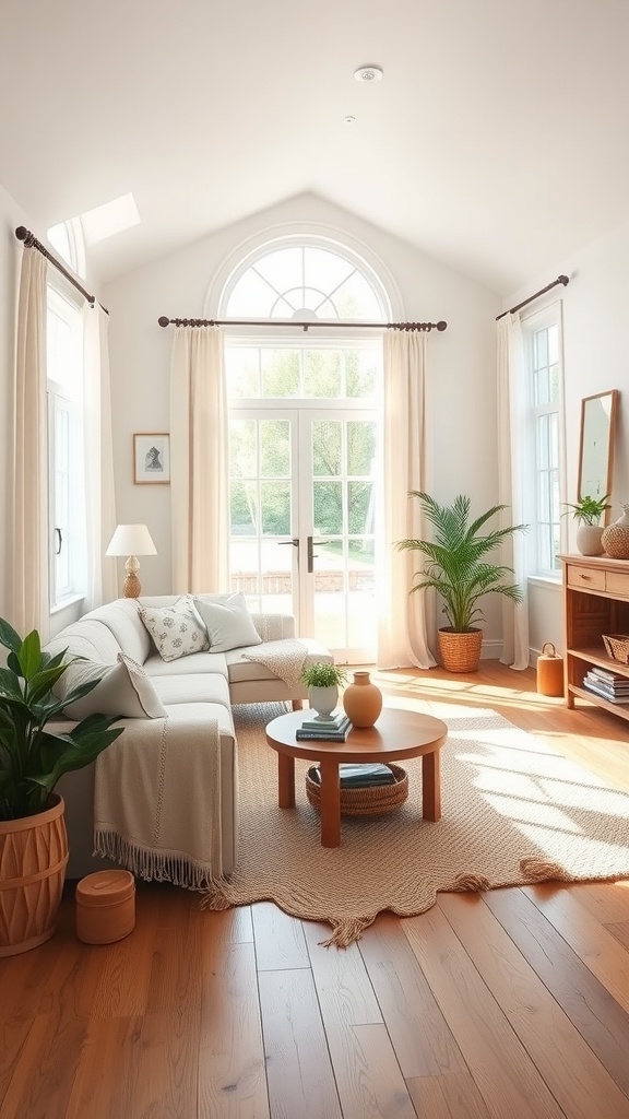 A bright and airy farmhouse style living room with large windows, a cozy sofa, and natural decor.