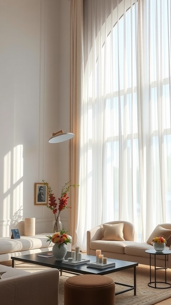 A bright living room with light, airy curtains, cream furniture, and a cozy arrangement.