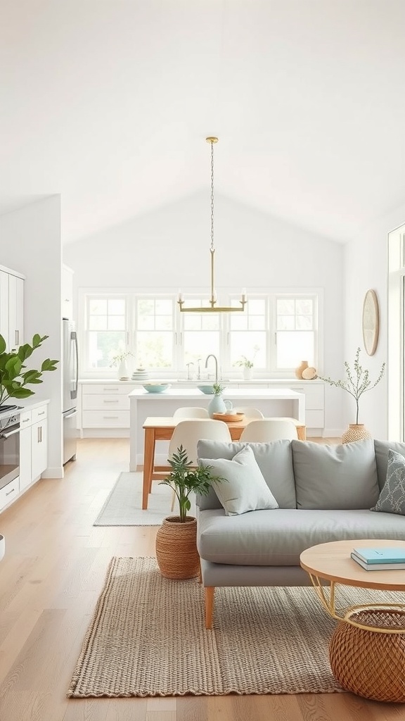 A bright and airy open kitchen and living room with large windows, light wood flooring, and minimalistic decor.