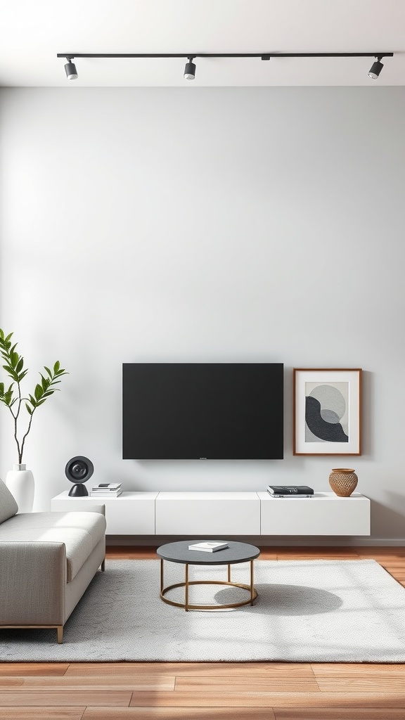 Living room featuring a light gray accent wall, modern white furniture, and a cozy rug.