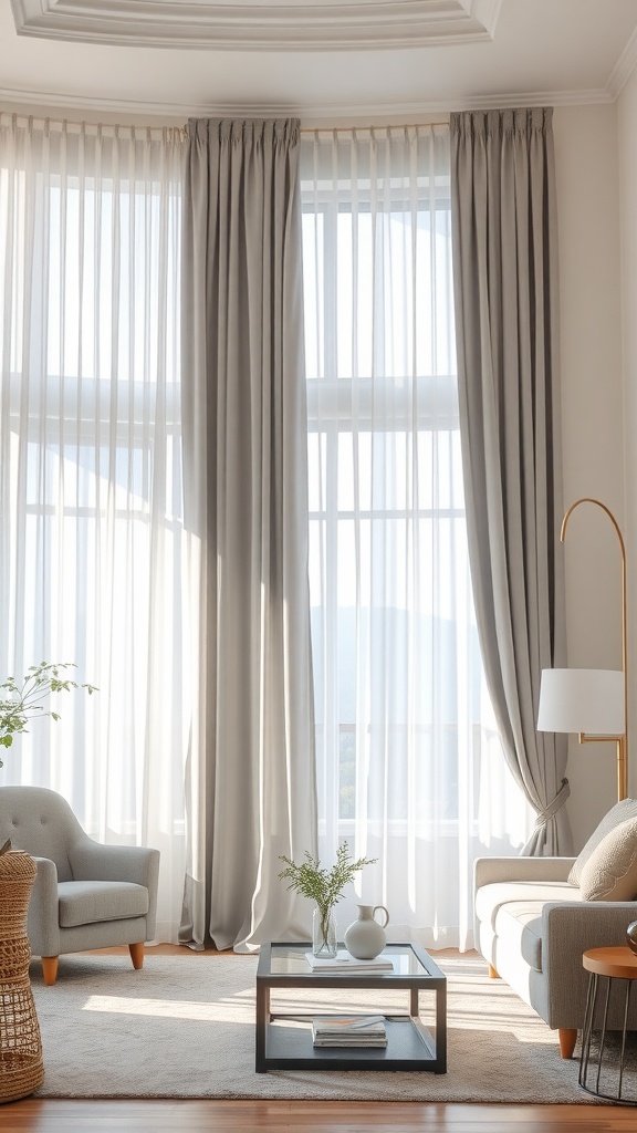 A living room featuring light grey curtains, beige furniture, a glass coffee table, and natural light streaming through large windows.