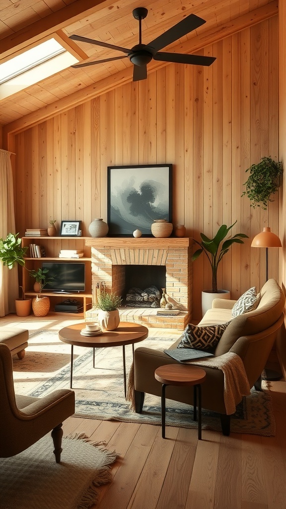 A cozy living room featuring light honey oak wooden walls, ceiling, and furniture, with a modern fireplace and natural light.