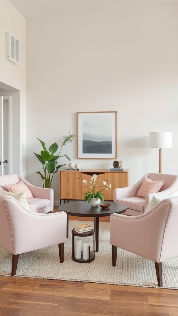 A cozy living room featuring light pink upholstered chairs, a black coffee table, and a wooden sideboard.