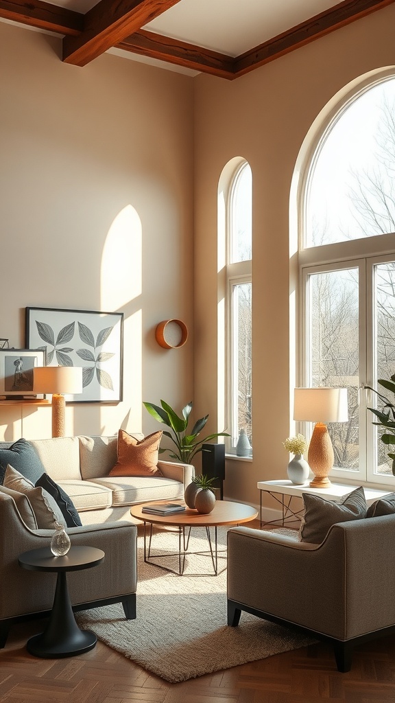 Bright beige living room with large windows and warm lighting