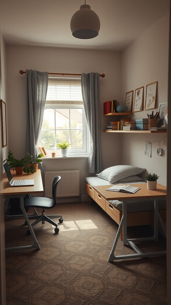 A small shared bedroom featuring a lightweight portable workstation with a desk, chair, and plants.