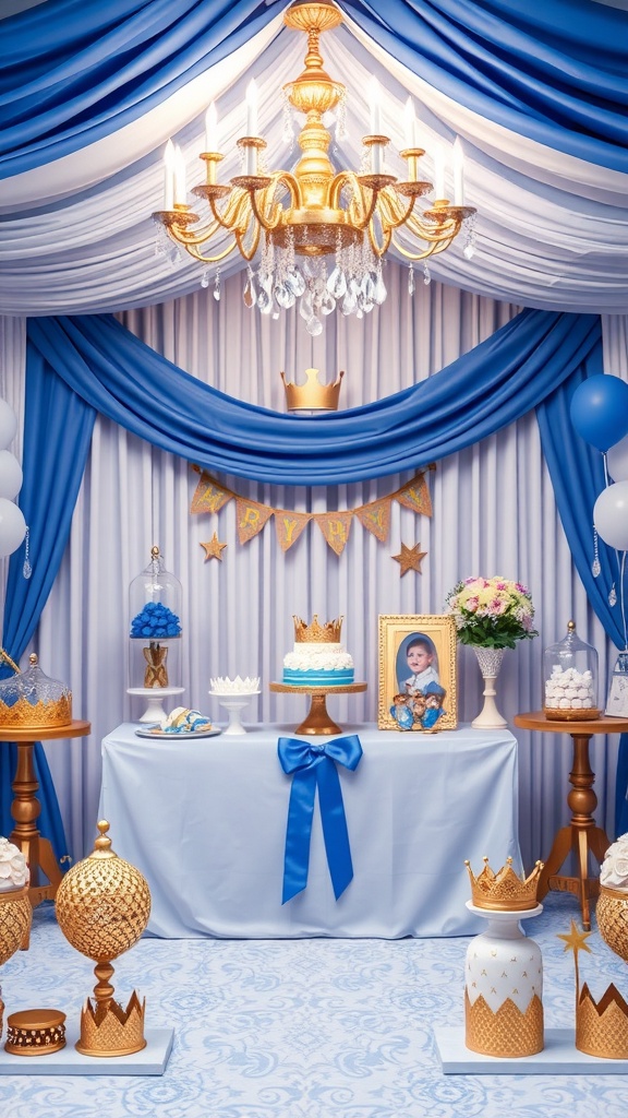 Decorative setup for a Little Prince themed baby boy shower, featuring blue and gold decorations, a cake, and a chandelier.