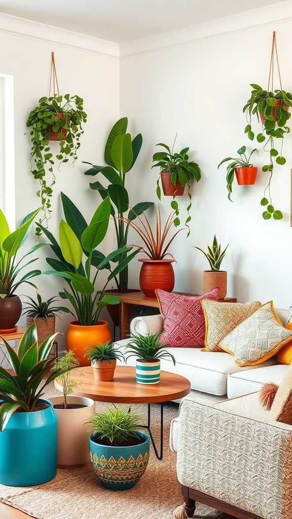 A colorful boho living room featuring various live plants and greenery, creating a vibrant and cozy atmosphere.