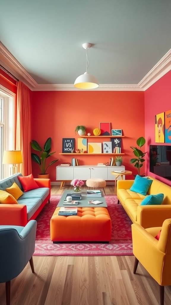 A vibrant living room showcasing color blocking with orange walls, colorful sofas, and a stylish decor.