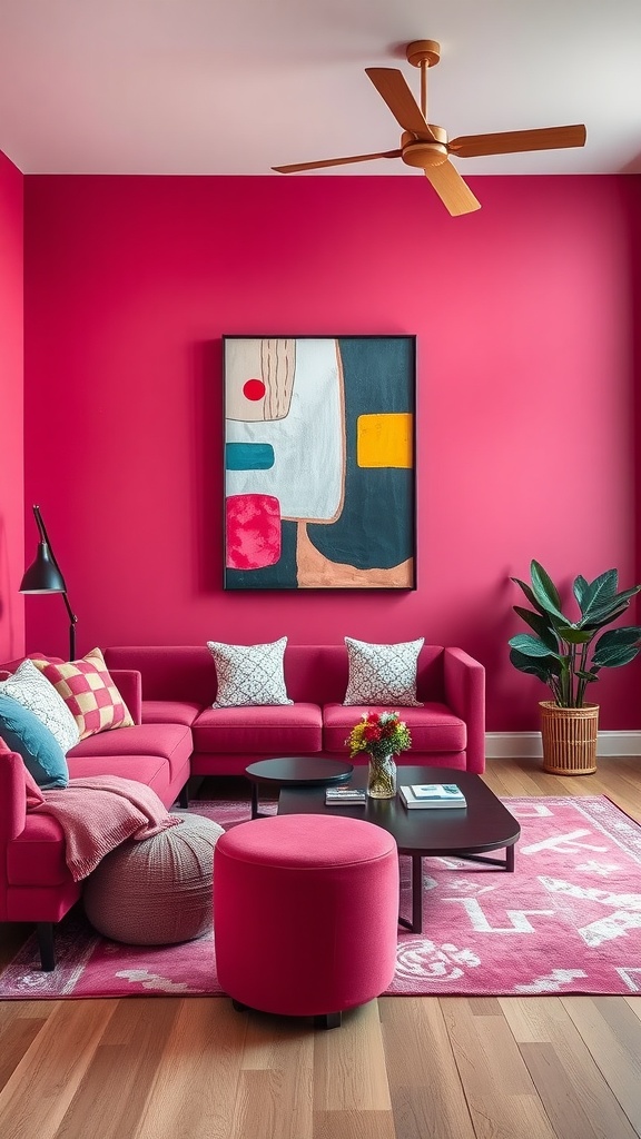 Living room with lively raspberry walls, a pink sectional sofa, abstract wall art, and a warm wooden floor