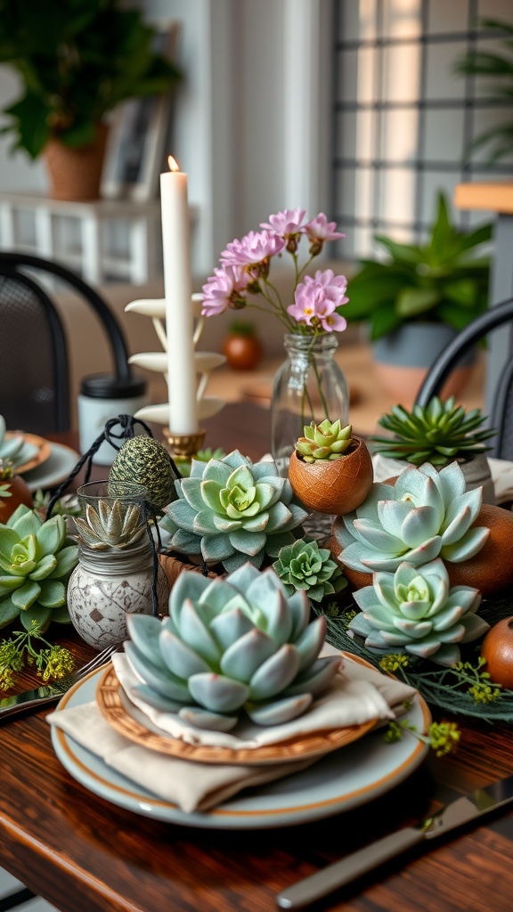 A beautifully arranged dinner table featuring various succulents, candles, and flowers.