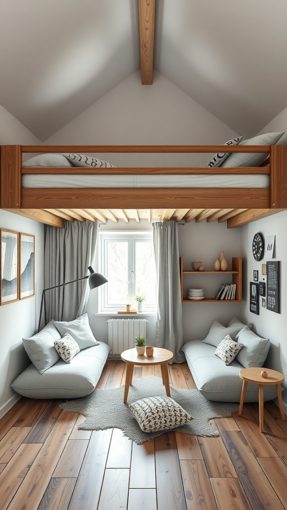 A cozy room featuring a loft bed above a lounge area with soft cushions and a round coffee table.