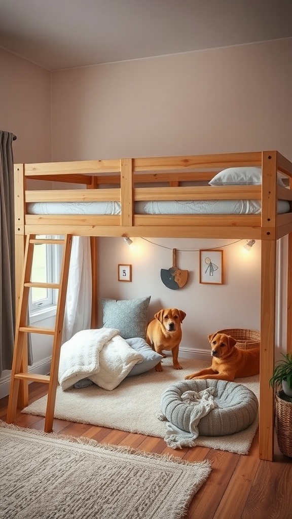 Loft bed with two dogs lounging in a cozy pet-friendly zone underneath.