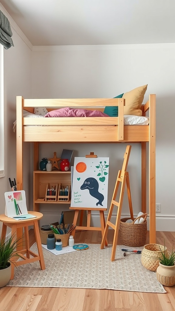 A loft bed above with an art studio setup below featuring an easel, art supplies, and a cozy atmosphere.