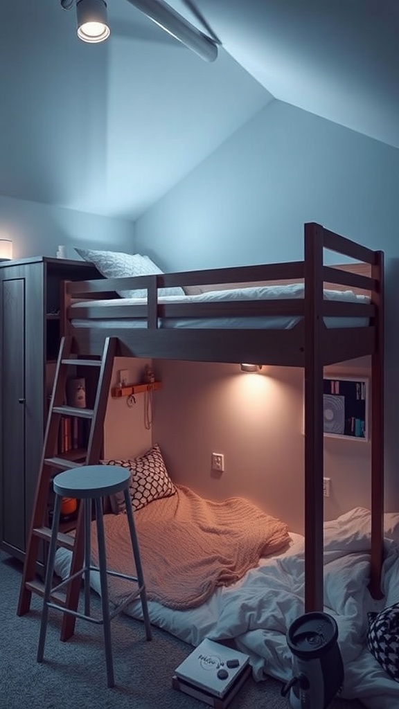 A cozy loft bed with built-in lighting, featuring a comfortable seating area underneath and a ladder for easy access.