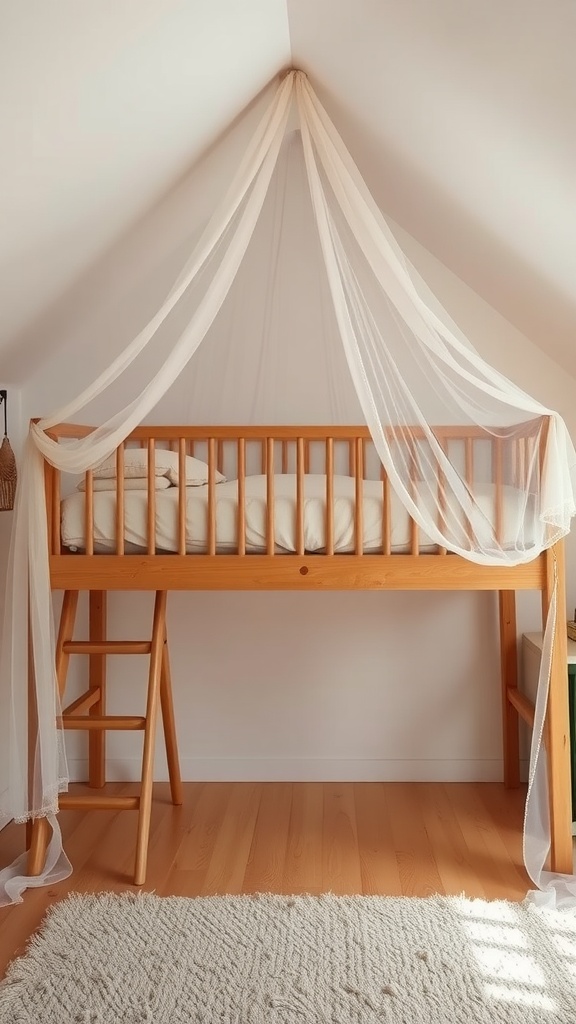 Loft bed with a canopy, wooden frame, and a cozy atmosphere