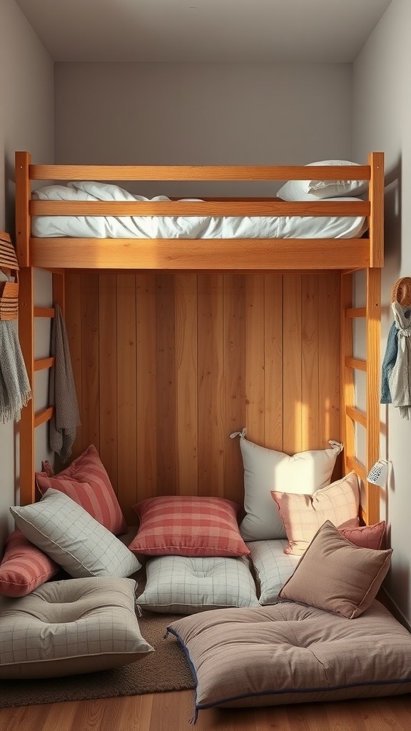 Loft bed with floor cushions in a cozy room