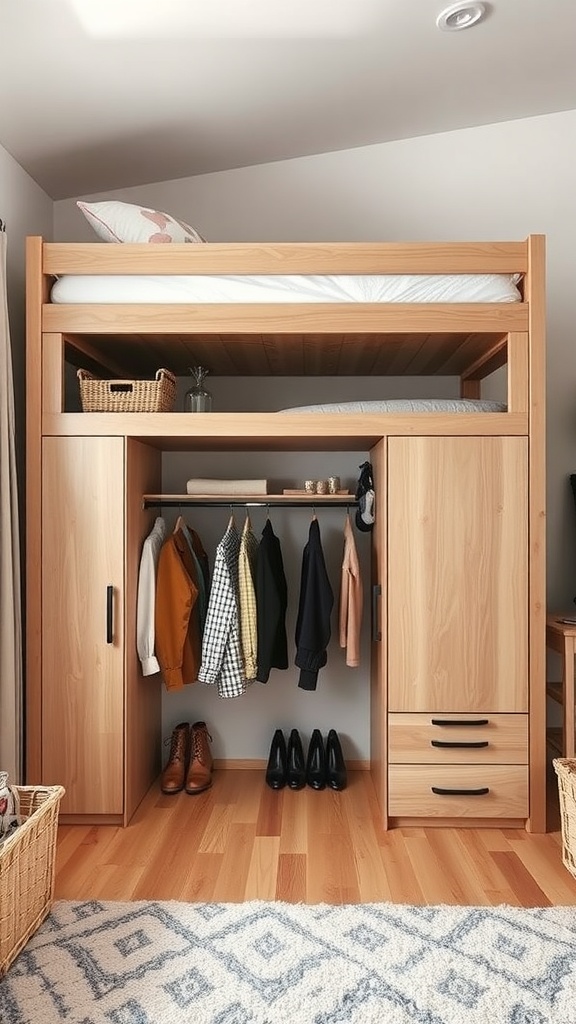 A loft bed with integrated closet space featuring wooden finish, hanging clothes, and storage drawers underneath.