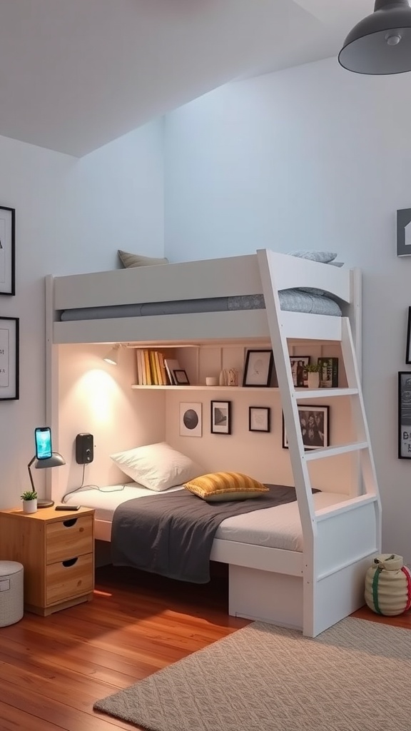 Loft bed design featuring integrated lighting and charging stations, with a comfortable lower bed and shelves.