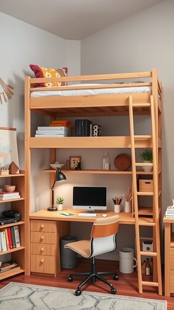 A loft bed with a private workstation underneath, featuring a desk, chair, and shelves.