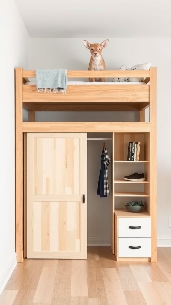 A loft bed with a sliding door closet underneath, featuring a small dog on top.