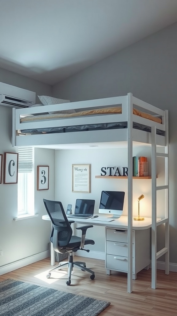 Loft bed with a study area underneath, featuring a desk with computers and a chair