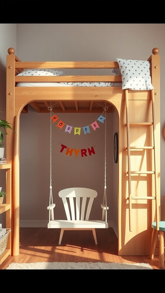 A loft bed with a white swinging chair underneath, featuring a colorful banner above and wooden accents.