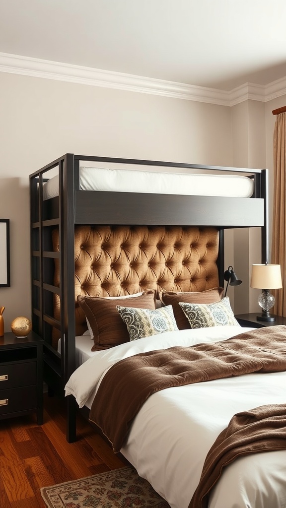 A loft bed with an upholstered headboard, featuring a cozy bedding setup and modern decor.