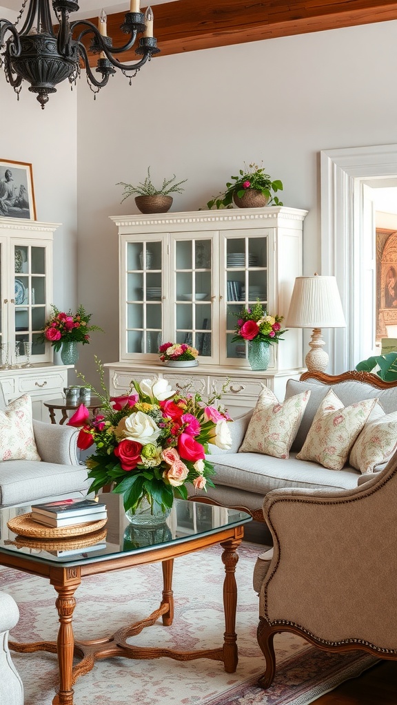 A cozy French country living room with floral arrangements on the tables.