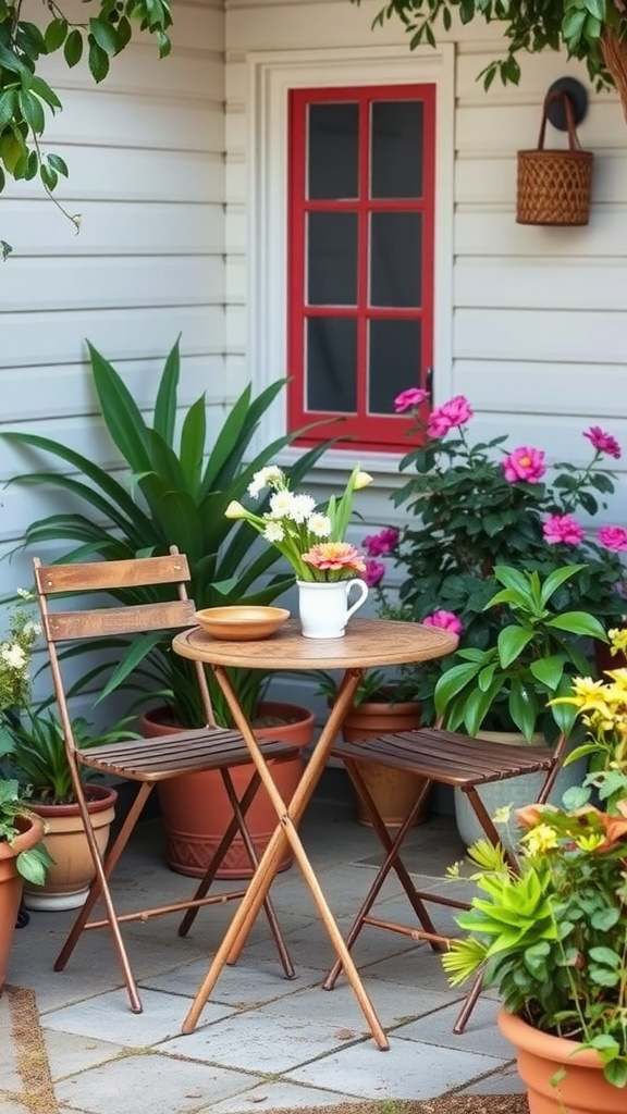 A cozy backyard scene featuring a wooden folding bistro set surrounded by lush plants and flowers, with a bright red window in the background.