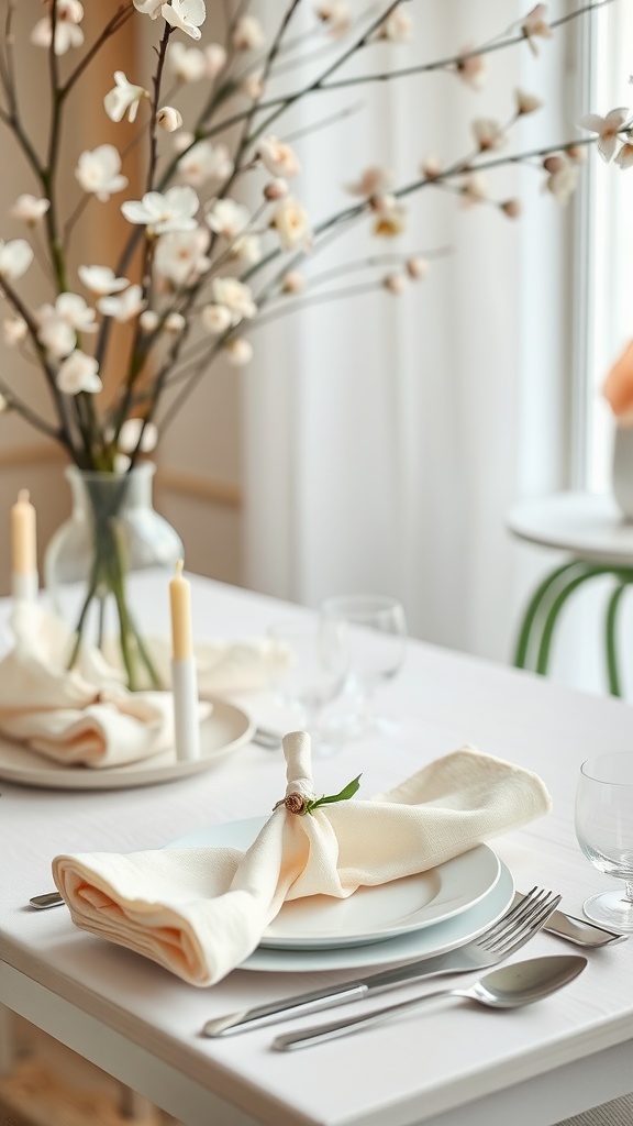 A beautifully set dinner table featuring soft linen napkins, a vase with flowering branches, and elegant tableware.