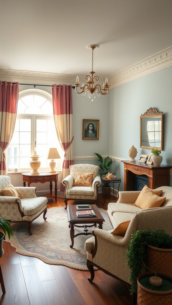 A vintage living room with pastel color schemes, featuring soft blue walls, pink curtains, and elegant furniture.