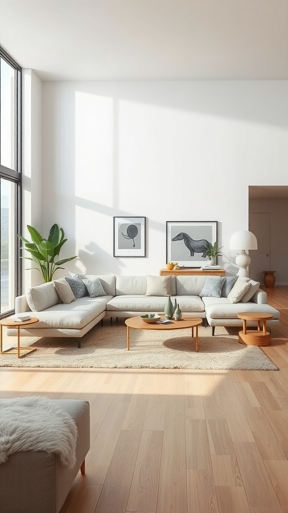 A low-profile sectional sofa in a bright, open living room with large windows and wooden accents.