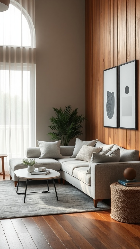 A cozy living room featuring a low back sectional, warm wooden accents, and natural light.